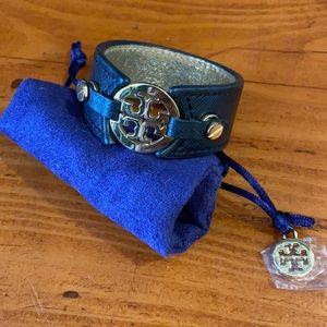 Tory Burch Reva Logo Leather Double Snap Bracelet